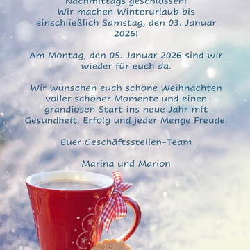 ***Winterurlaub***
Die Geschäftsstelle ist am Montag, 22. Dezember, das letzte Mal in diesem Jahr geöffnet. Am Montag,... ***Winterurlaub***
Die Geschäftsstelle ist am Montag, 22. Dezember, das letzte Mal in diesem Jahr geöffnet. Am Montag,...
