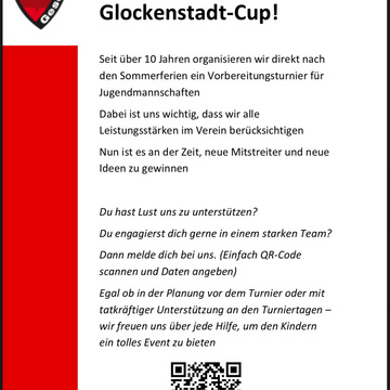 ***Das Glockenstadt-Cup-Team sucht Dich!***
Jedes Jahr, am ersten Wochenende nach den Sommerferien, veranstalten wir... ***Das Glockenstadt-Cup-Team sucht Dich!***
Jedes Jahr, am ersten Wochenende nach den Sommerferien, veranstalten wir...