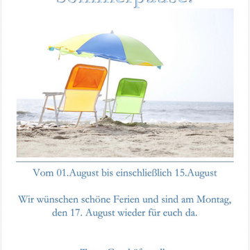 ☀️ **Sommerpause** 🏖️
Auch wir gönnen uns eine kleine Auszeit! 🌴
📅 **Vom 01. August bis einschließlich 15. August**... ☀️ **Sommerpause** 🏖️
Auch wir gönnen uns eine kleine Auszeit! 🌴
📅 **Vom 01. August bis einschließlich 15. August**...