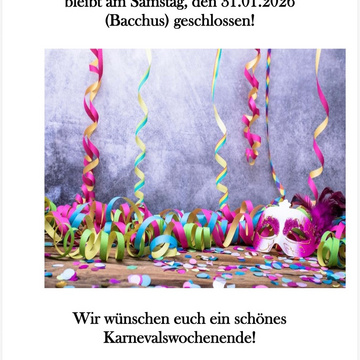 ***Info***
Die Geschäftsstelle bleibt Samstag geschlossen.
Wir wünschen euch ein schönes Karnevalswochenende.
... ***Info***
Die Geschäftsstelle bleibt Samstag geschlossen.
Wir wünschen euch ein schönes Karnevalswochenende.
...